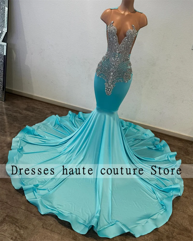 

New Sky Blue Mermaid Crystal Rhinestones Prom Dress 2025 Black Girl Beaded Birthday Party Dress Formal Dress Custotomized