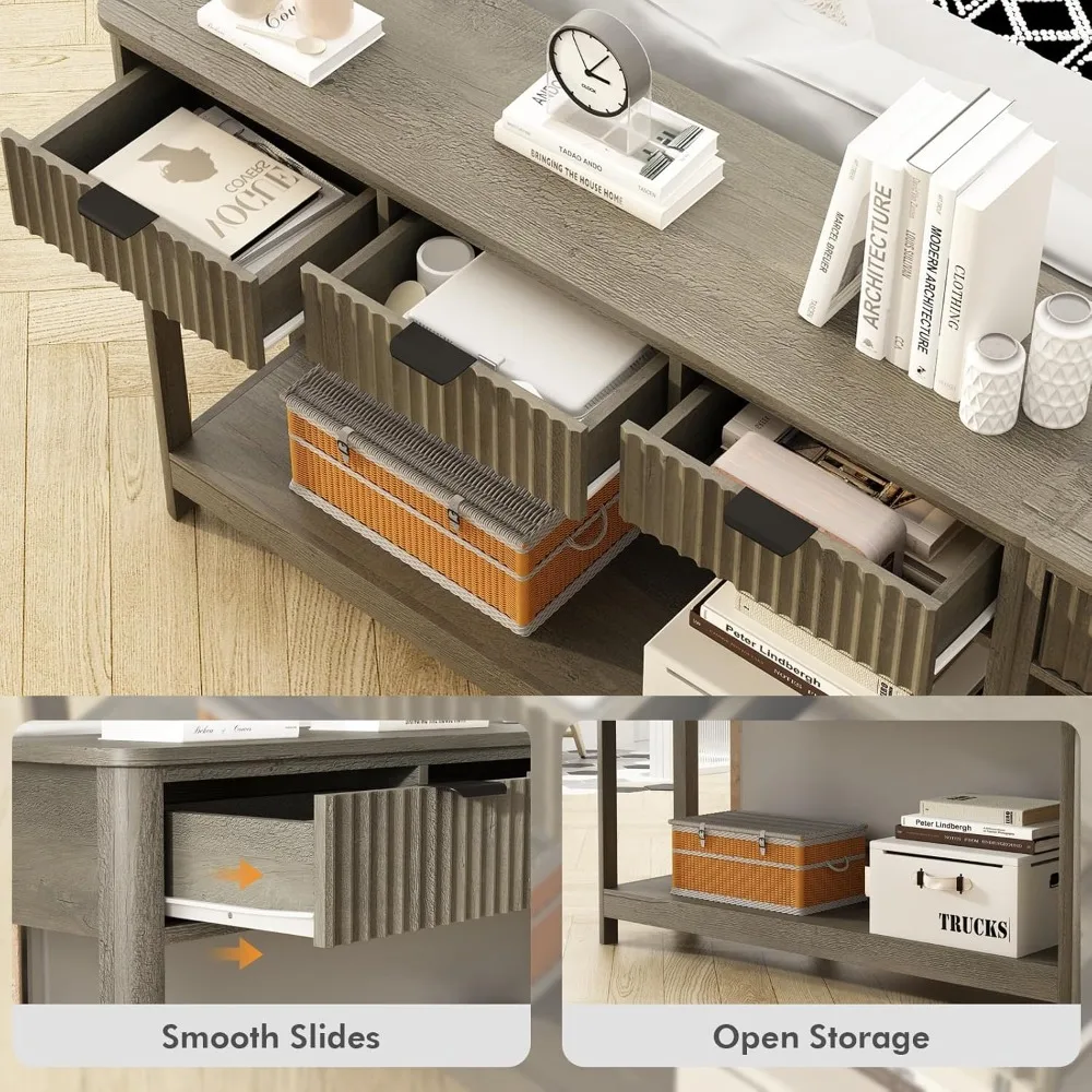 Consolle scanalata con cassetti, tavolo da ingresso moderno 47,1 con ripiano portaoggetti, tavolino stretto e sottile dietro il divano in legno