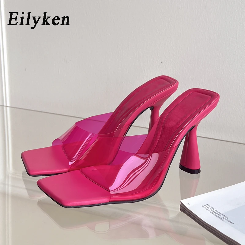 Eilyken Summer New Fashion Design PVC Transparent Women Slipper Fashion Square Toe High Heel Ladies Dress Party Mules Slides