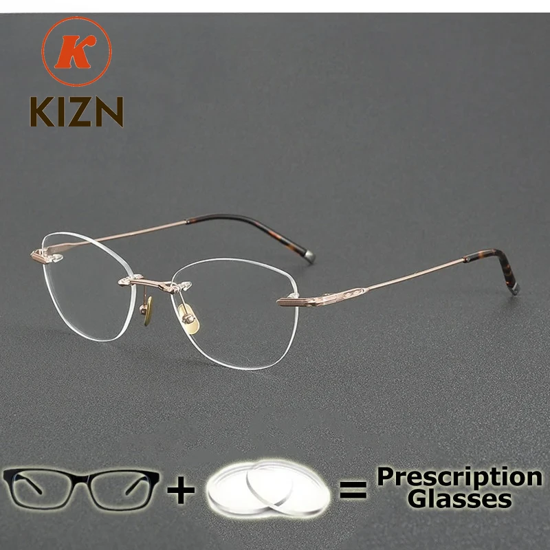 

KIZN Women Reading Glasses High End Titanium Rimless Frame Transparent Lenses Prescription Anti Blue Ray Myopia Optical Glasses