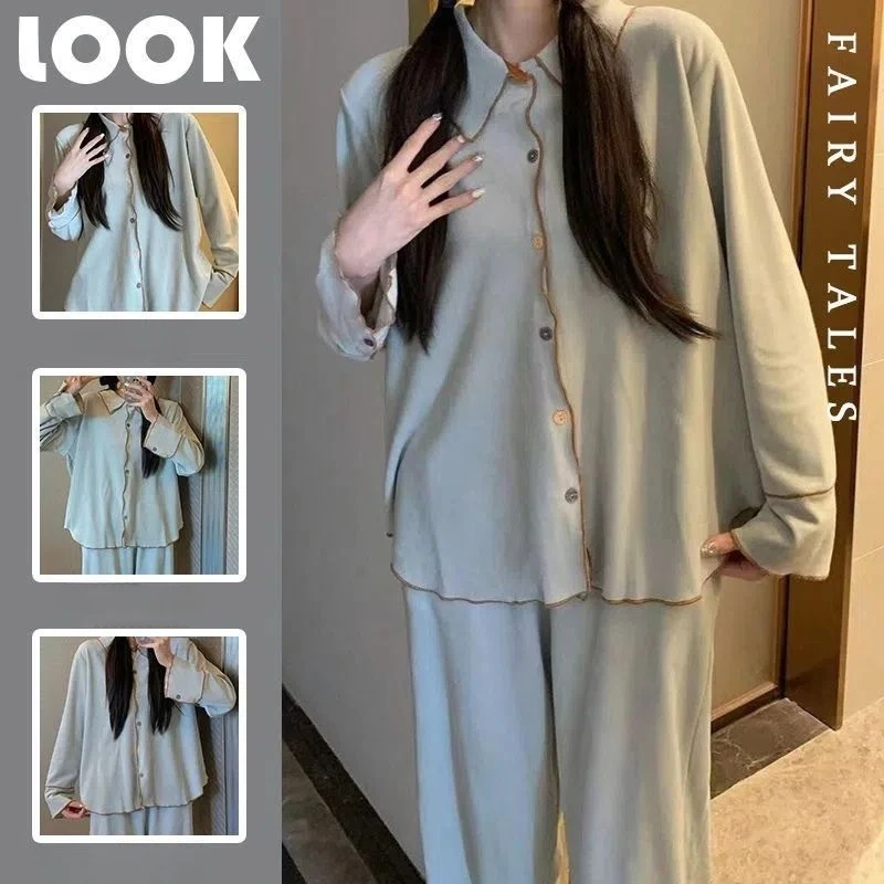 Latest Spring Autumn Pajamas Women Thin Sweet Nightdress Cute Lace Edge Sleepwear Long Sleeve Square Collar Casual Home Wear Set