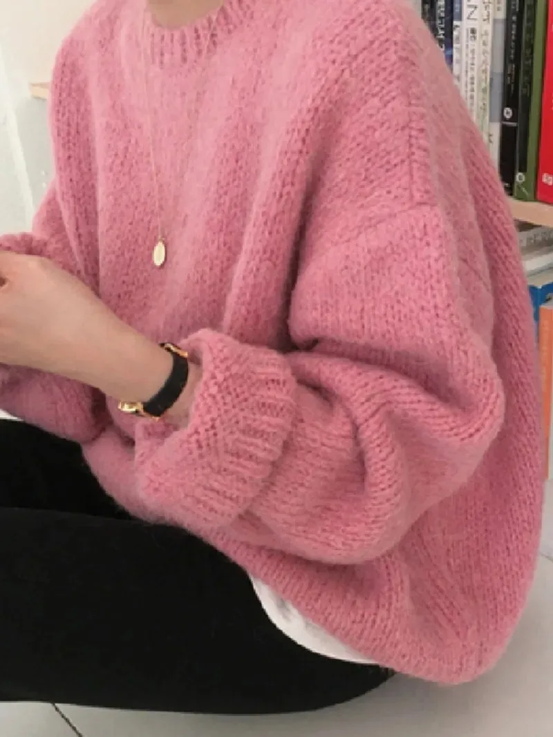 Polychrome Pink Women Sweater Womens Winter Sweaters Pullover Female Knitting Overszie Long Sleeve Loose Knitted Outerwear White