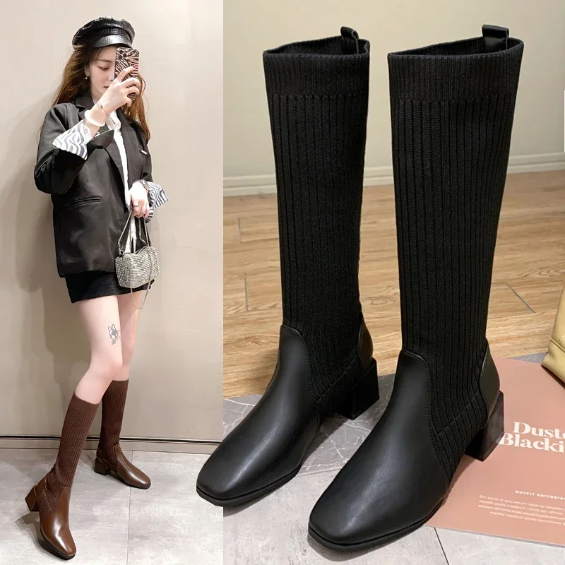 2025 New Women's Long Boots Fashion Elastic Socks Skinny Boots Elegant Coarse Heels Look Thinner Than Knee Long Boots