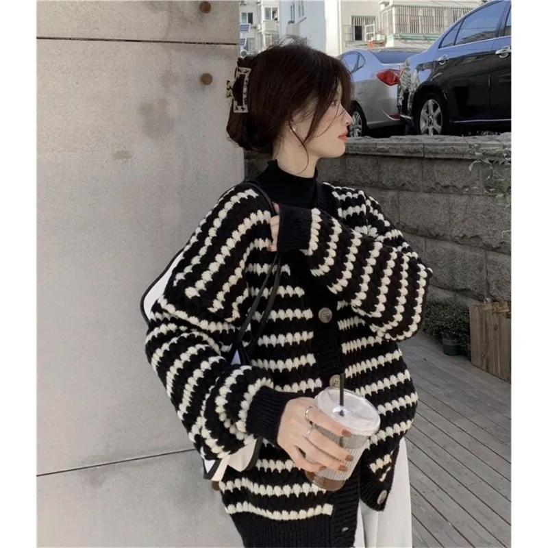

V-neck Knitting Cardigan Coat Women Autumn Winter Fashion Striped Long Sleeve Sweater Trend All-match Office Lady Knitwear Tops
