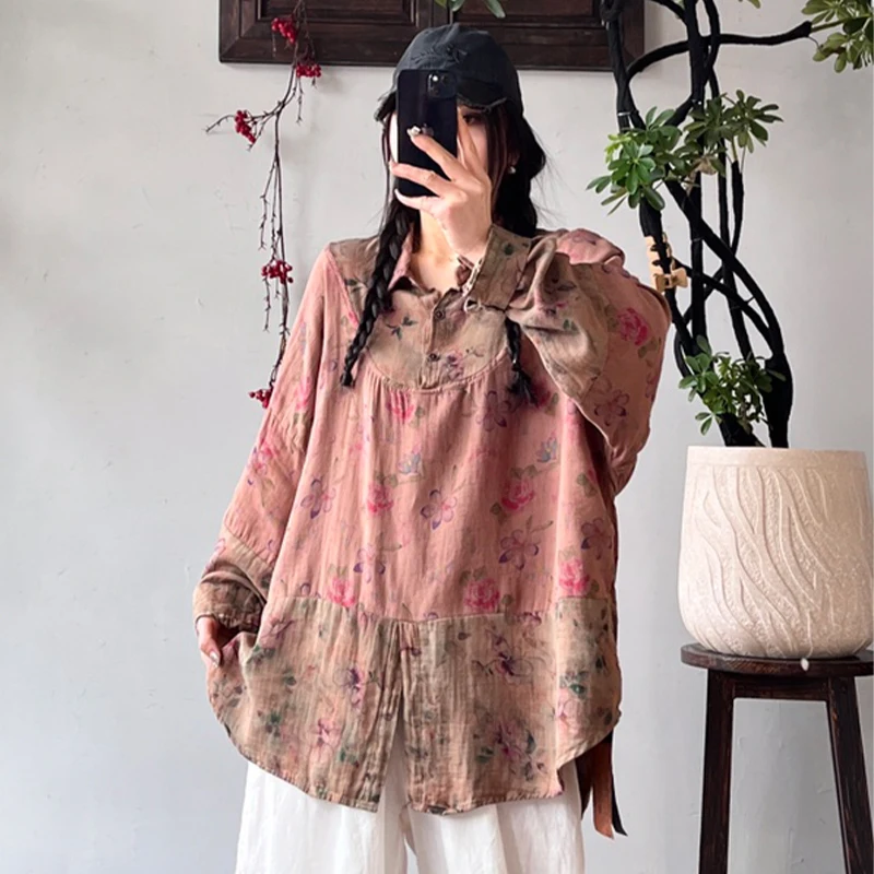 Masss Wasss 2026 Korean Spring Fashion Shirts Women Loose Vintage Floral Blouses Ladies Classic Casual Cotton Linen Printed Tops