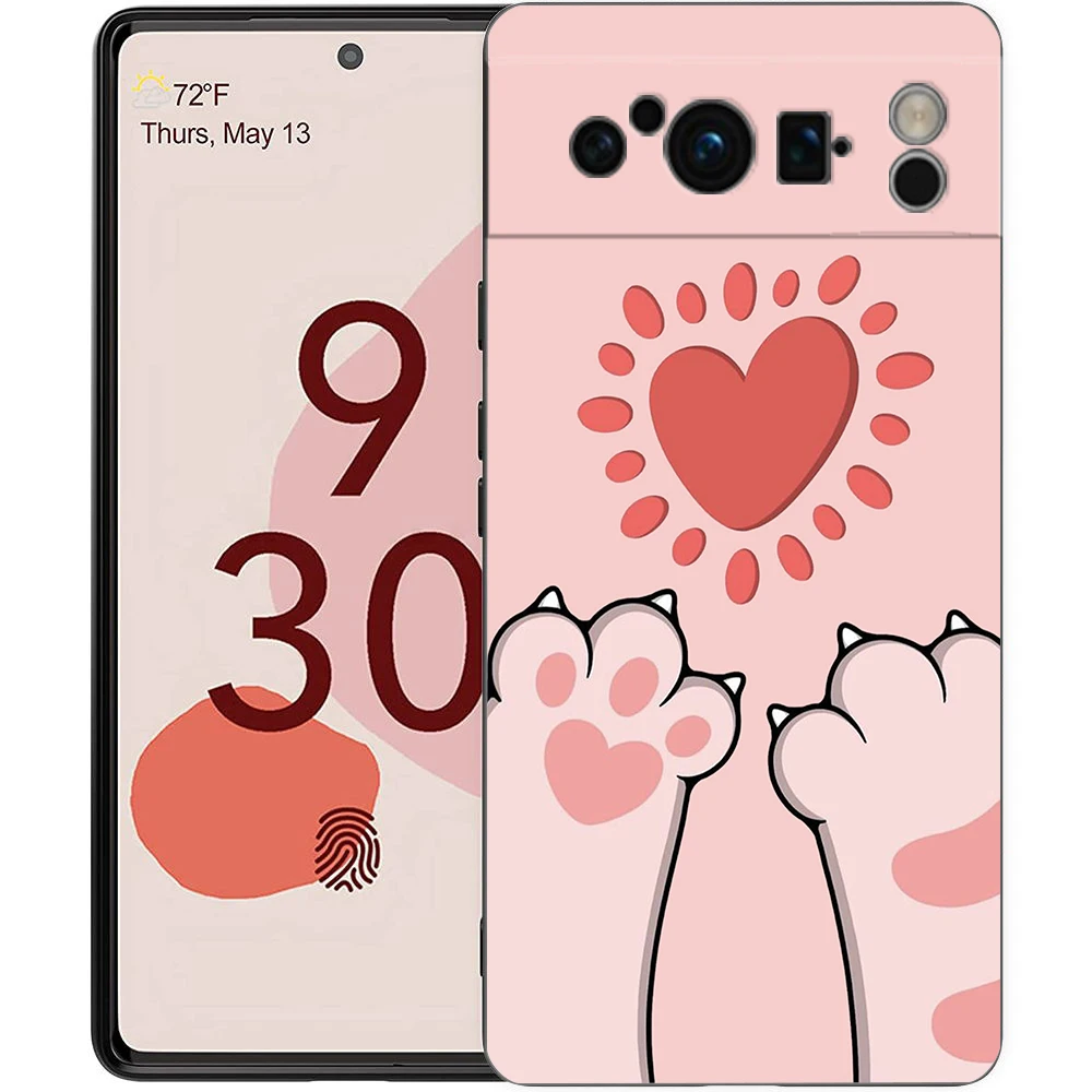 Phone Case For Google Pixel 8 7 6 Pro 8A 7A 6A TPU Shell Soft Silicone Shockproof Black Cover Cat-Printed