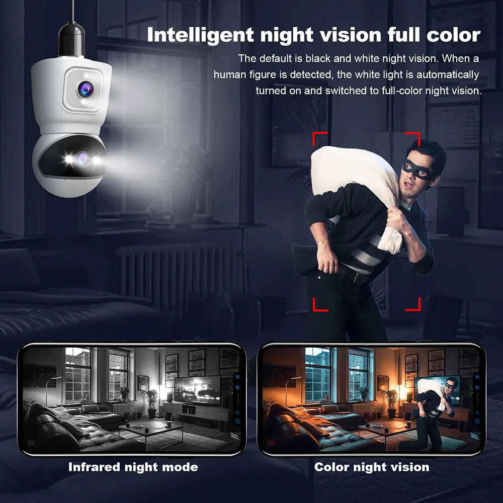 Srihome-cámara inteligente con bombilla de 4MP, Wifi, lente Dual, pantalla Dual, seguimiento automático, Audio bidireccional, visión nocturna en Color, cámaras de seguridad para exteriores