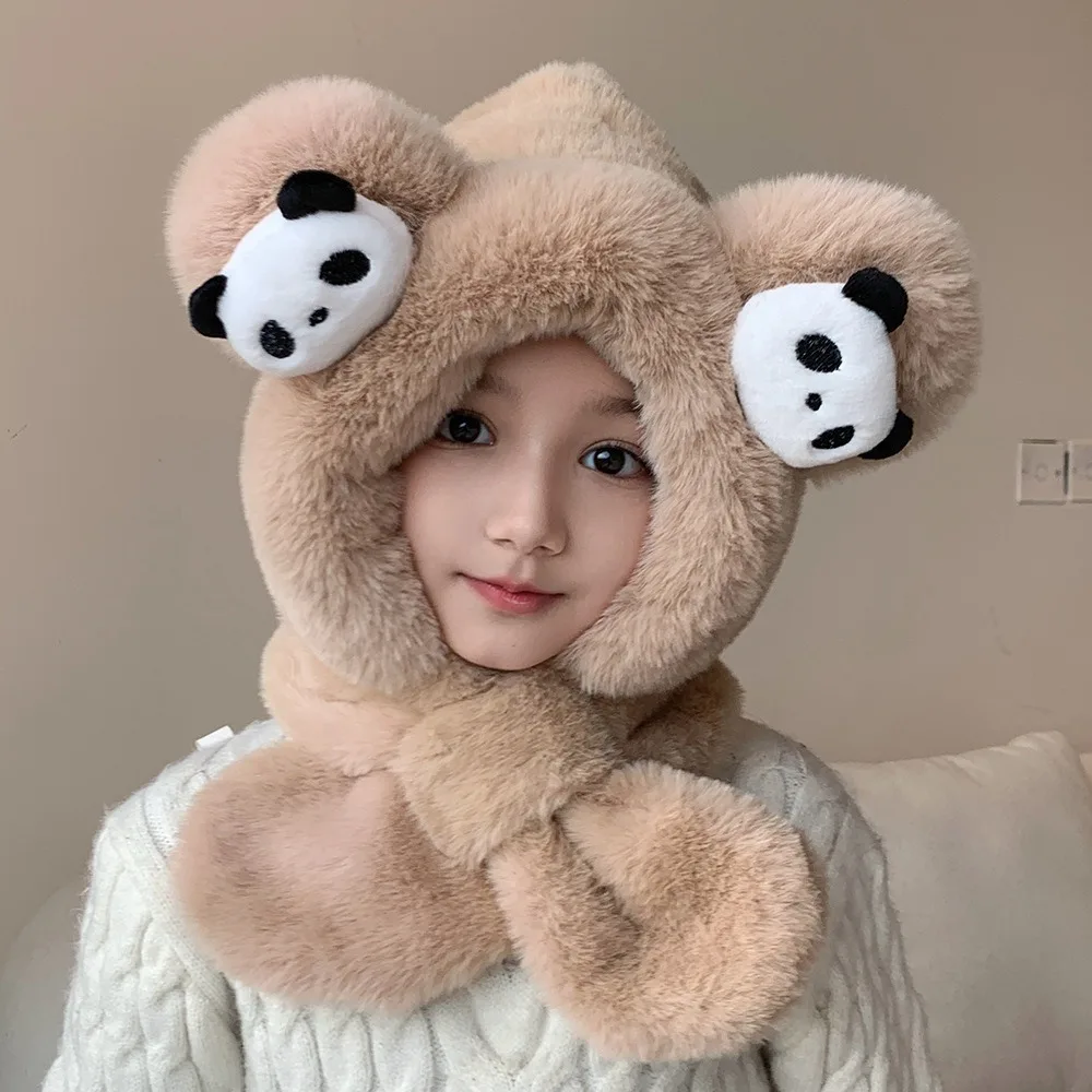 

Прекрасная шапка из искусственного меха, комплект шарфов, ветрозащитная зимняя шапка с рисунком панды, шарф, утолщенный шарф для защиты ушей, круглый шарф для детей
