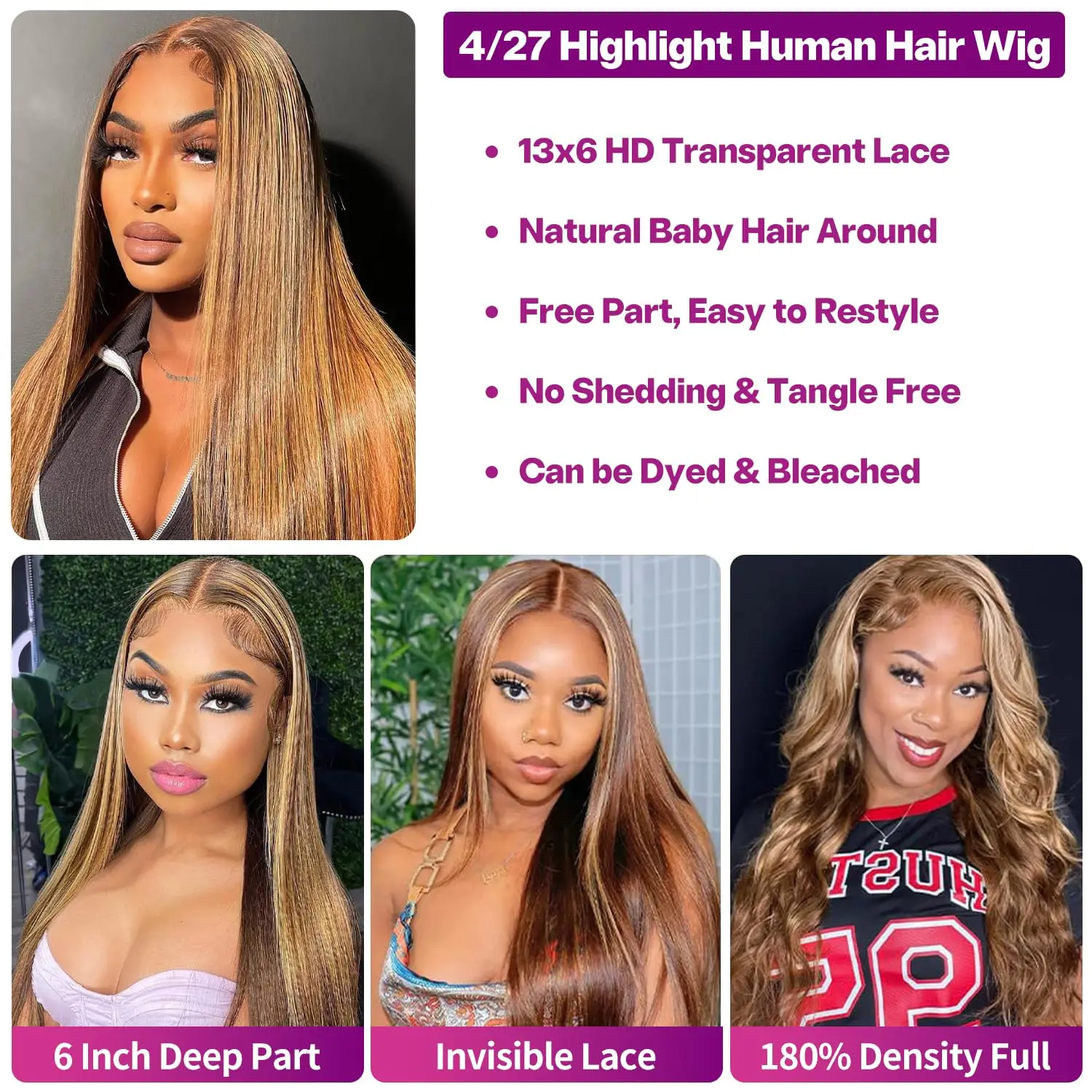P4/27 Highlight Straight Human Hair Wig 13x6 Hd Lace Frontal Wig Pre Plucked Ombre Honey Blonde Brown Wig 100% Human Hair