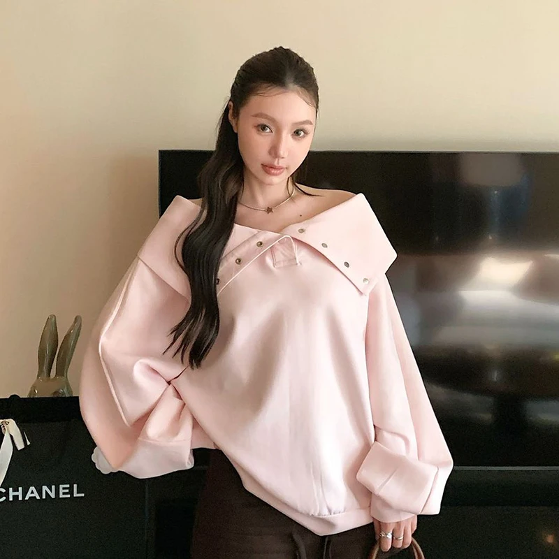

Pink Sweet Streetwear Sweatshirts Women Fall Winter Oversize Button Pullovers Loose Casual Lazy Wind Long Sleeve Harajuku Tops
