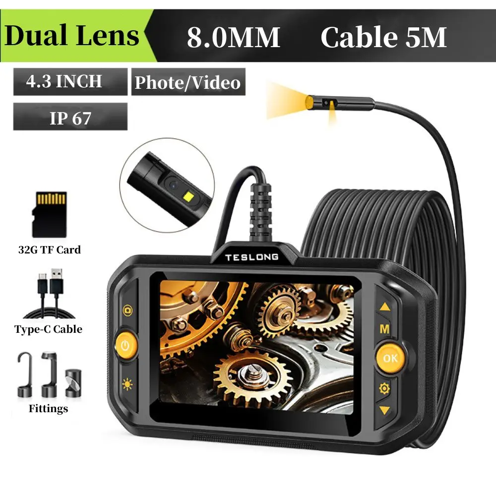 Teslong Industrial Endoscope Camera 8mm Dual Lens 4.3inch IPS Screen Pipe Inspection Camera for Car Repair IP67 Waterproof 6 LED