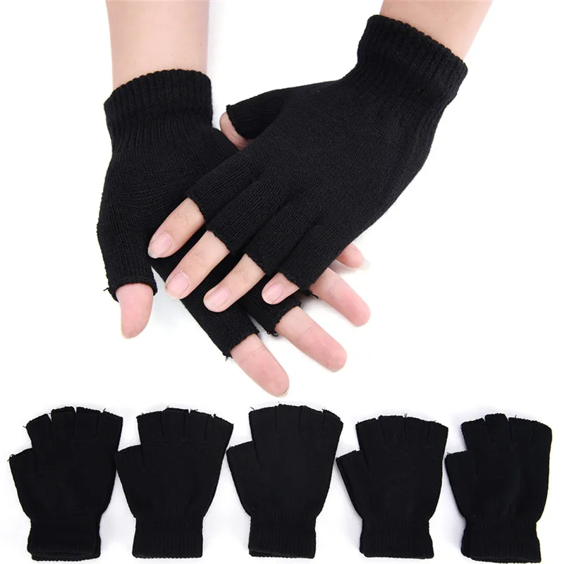 1Pair Black Half Finger Fingerless Gloves Wool Knit Wrist Cotton Gloves Winter Warm Workout Gloves For Women And Men