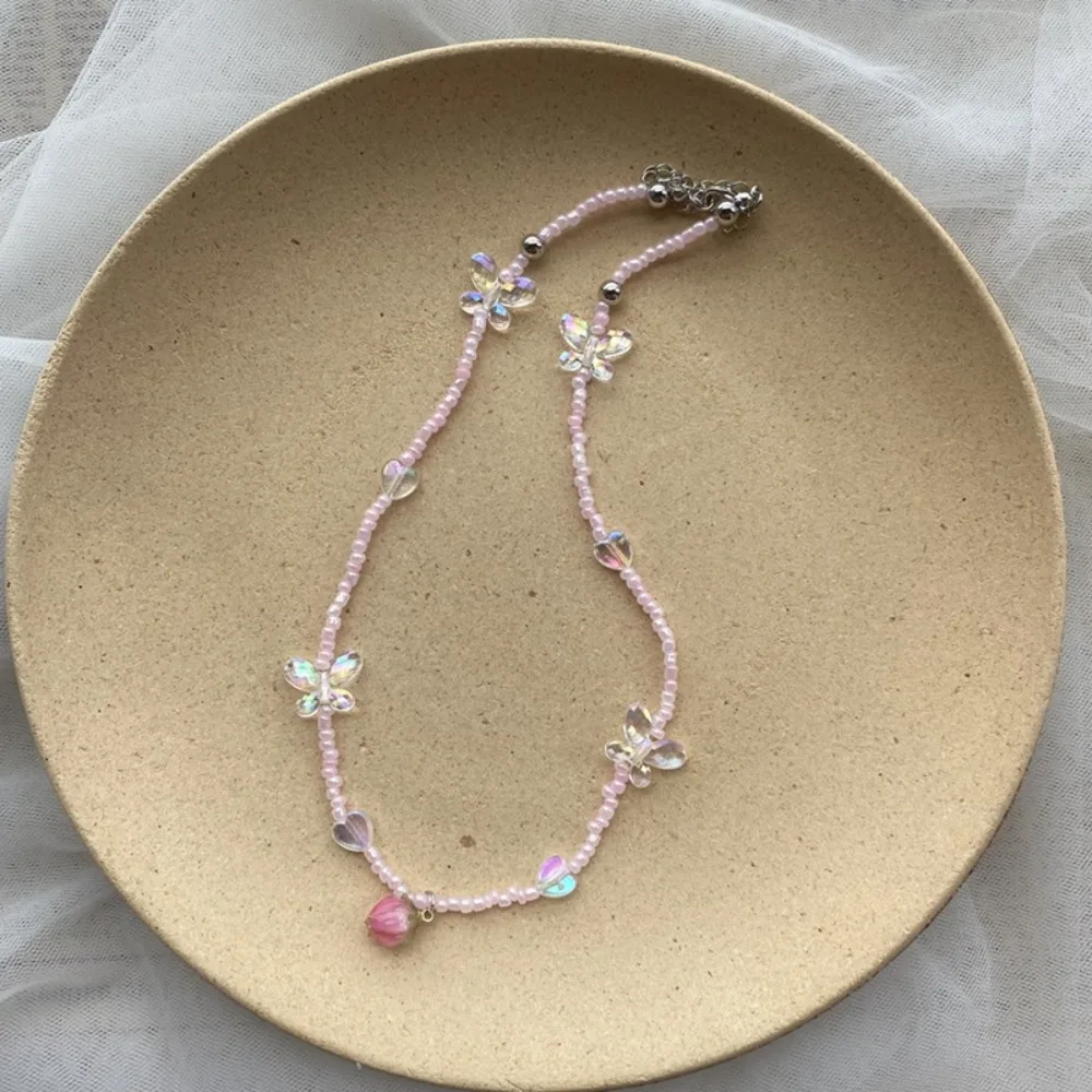قلادة بحلية بسيطة للنساء ، فراولة ، فراولة ، فراشة ، فراشة ، لؤلؤ ملون ، سلسلة رقبة