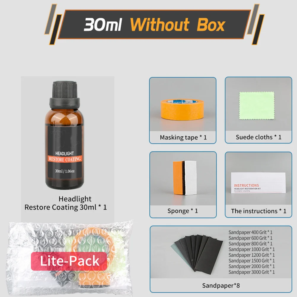 Preparat do renowacji lamp 30ml Zestaw do renowacji reflektorów samochodowych Płyn do polerowania Usuwa mgiełkę, zarysowania, żółknięcie, rozmazanie, utlenianie