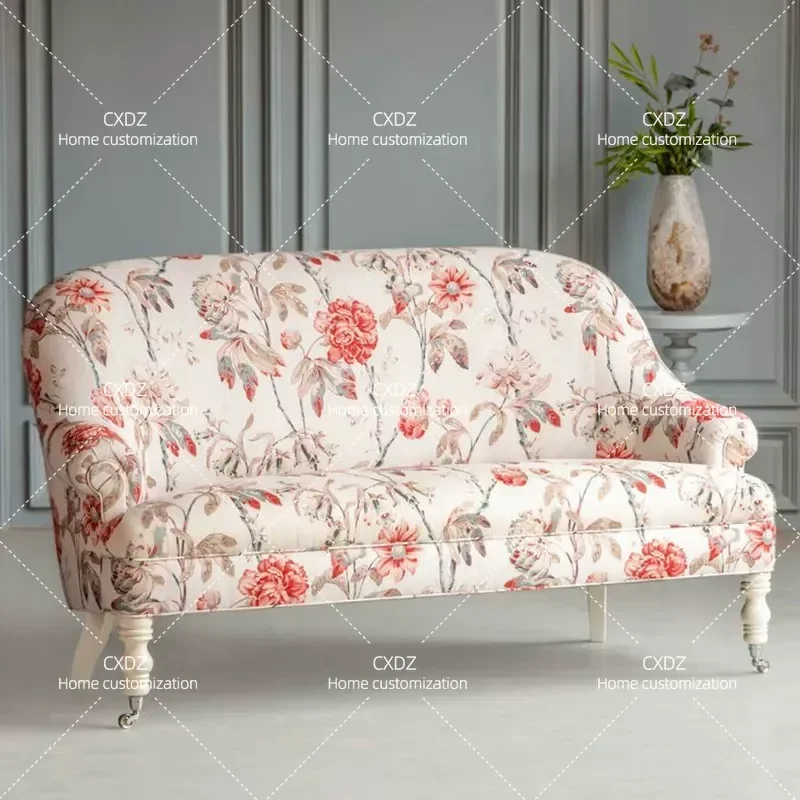 Retro Pastoral Fabric High Back Sofa Chair Small Apartment Living Room Medieval Style Straight Row Compact Double Seater