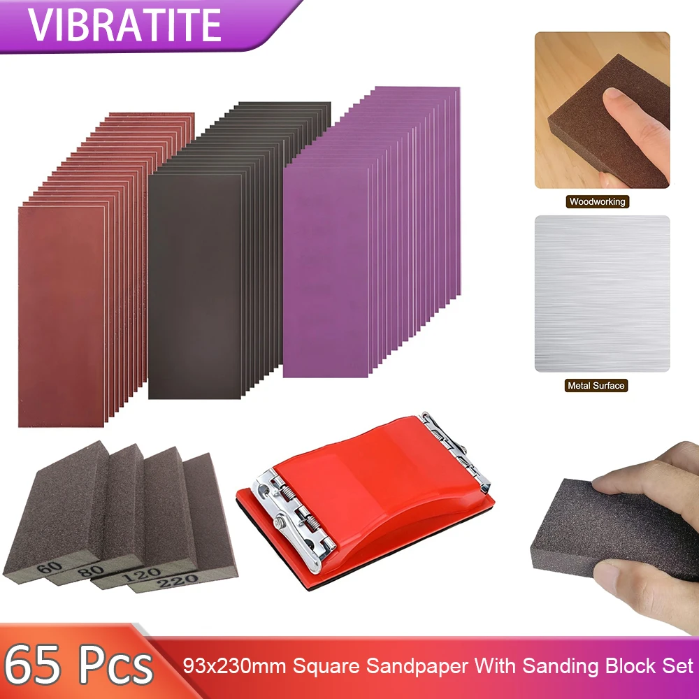 65PCS 93x230mm Square Hook&Loop Sandpaper Set with Sanding Block & Sponge, Assorted Grits 60-10000 for Wood Metal Polishing
