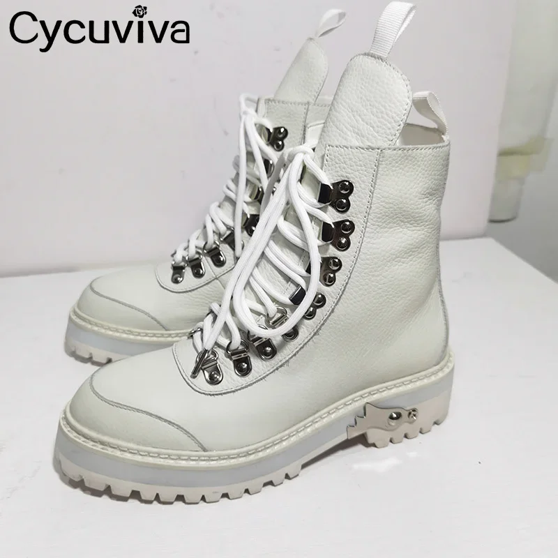 Genuine Leather Lace Up Chelsea Ankle Boots Wool Platform Winter Shoes Woman Designer Snow Boots Cowboy Motorcycle Boots Female