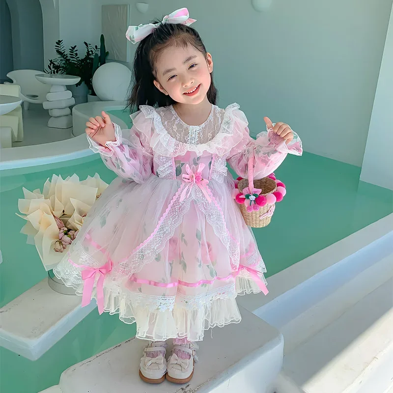 

Spanish Baby Elegant Floral Dresses For Girls Children Lolita Kawaii Pink Dress Kids Birthday Party Gown Clothing Tulle Vestidos