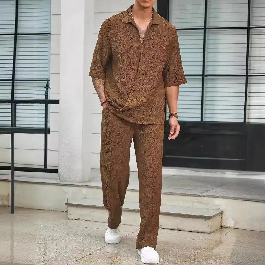 

Мужские комплекты из двух предметов, прямые брюки до щиколотки, пуловеры, топы, однотонные рубашки с короткими рукавами, V-образный вырез, повседневные свободные спортивные карманы 2025