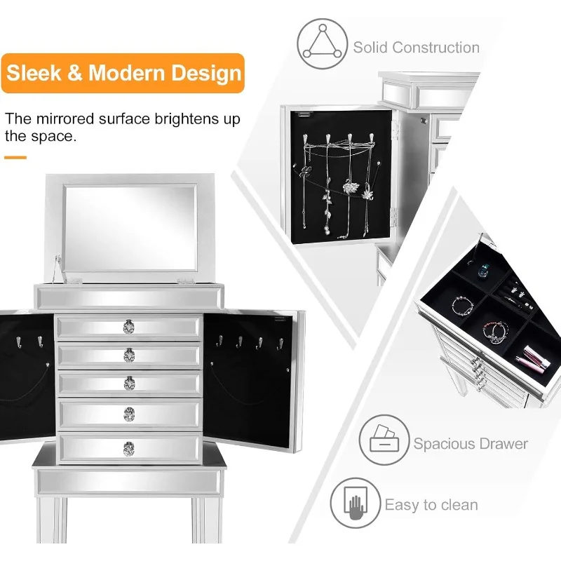 Mirrored Jewelry Cabinet, Vertical Mirrored Jewelry Cabinet with 6 Drawers and 2 Side Doors, Jewelry Cabinet