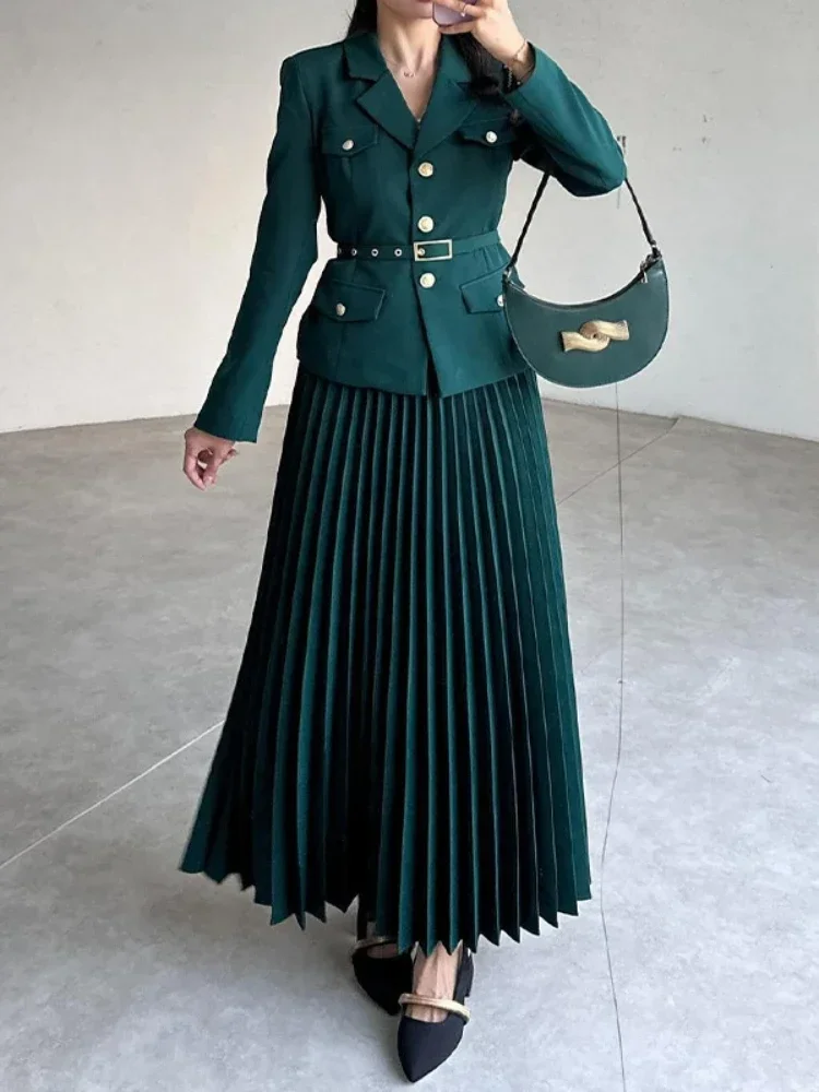 

BluWin Suit Coat Full Sleeve Blazer Maxi Pleated Skirt Belt Black Solid Color Two-piece Set Long Dresses Women's Two Piece Dress