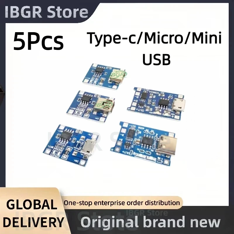 

5pcs TP4056 Type-c/Micro/Mini USB 5V 1A 18650 Lithium Battery Charger Module Charging Board with Dual Protection Functions