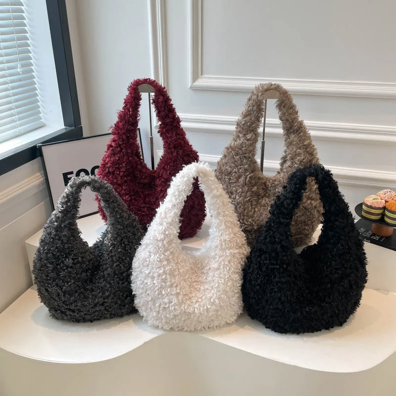 Fluffy Curly Faux Fur Hobo Shoulder Bag, Plush Half-Moon Underarm Bag,Soft Teddy Fuzzy Crescent Purse,Winter Warm Women Handbag