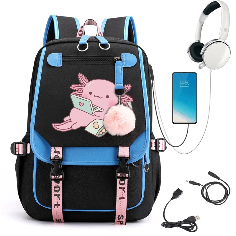 

Teenage Bookbag Nylon Rucksack Cute Chilling Axolotl Kawaii Girl Bagpack Women Shoulder Bag High School Schoolbag Black Mochila