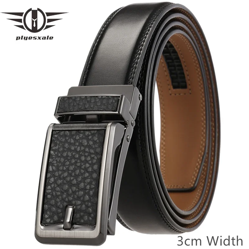 

Plyesxale 3cm Width Designer Cowskin Leather Belt Men Trendy Fashion Men Automatic Buckle Belts Business Dress Suit Belt B910