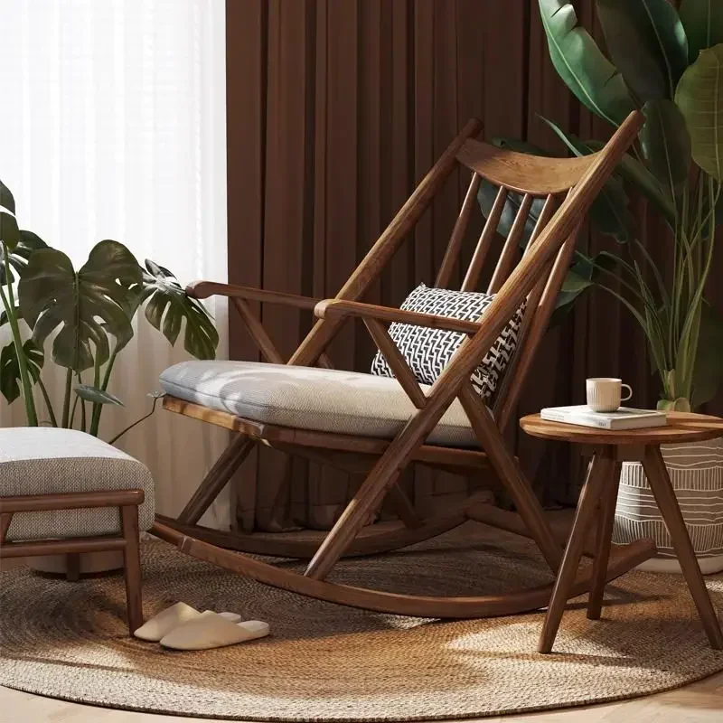 Mecedora de madera maciza reclinable para adultos, balcón, hogar, ocio, dormitorio, sofá individual, mecedora perezosa para celebridades de Internet