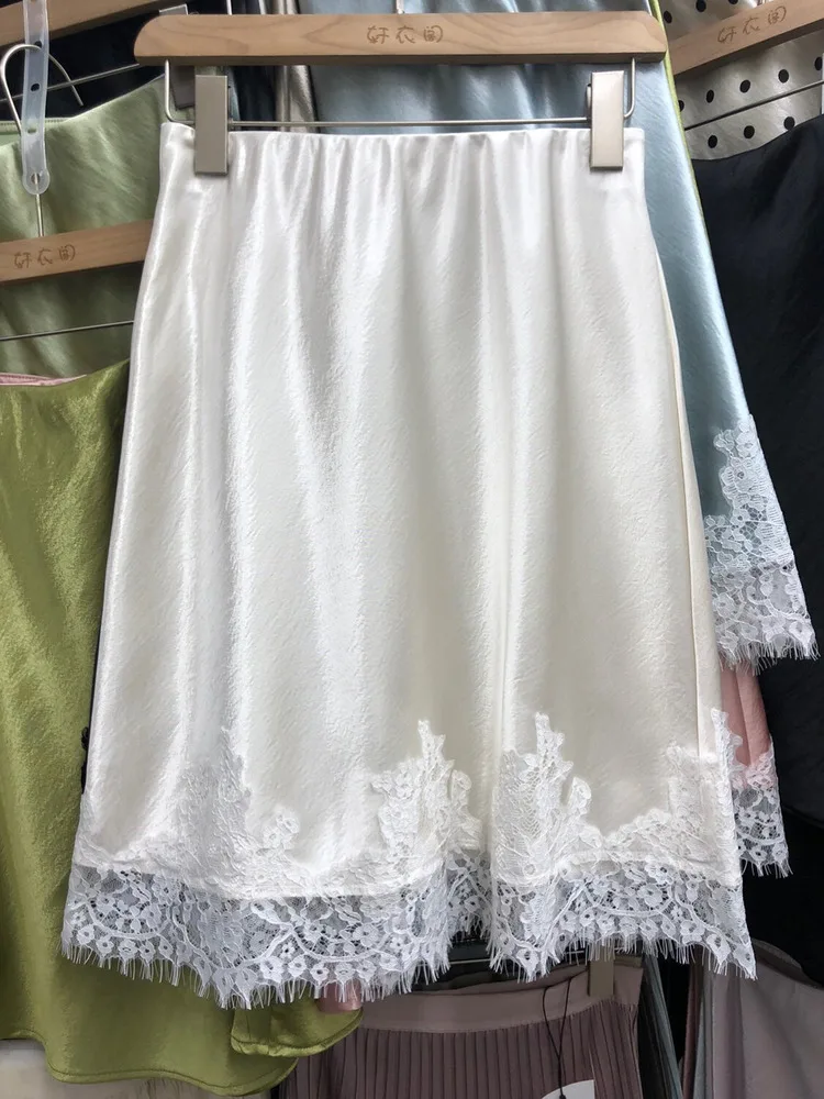 New Solid Color Satin Lace Patchwork Women's Skirts 2026 Spring Summer French-style Elegant High-waisted Slimming A-line Skirt