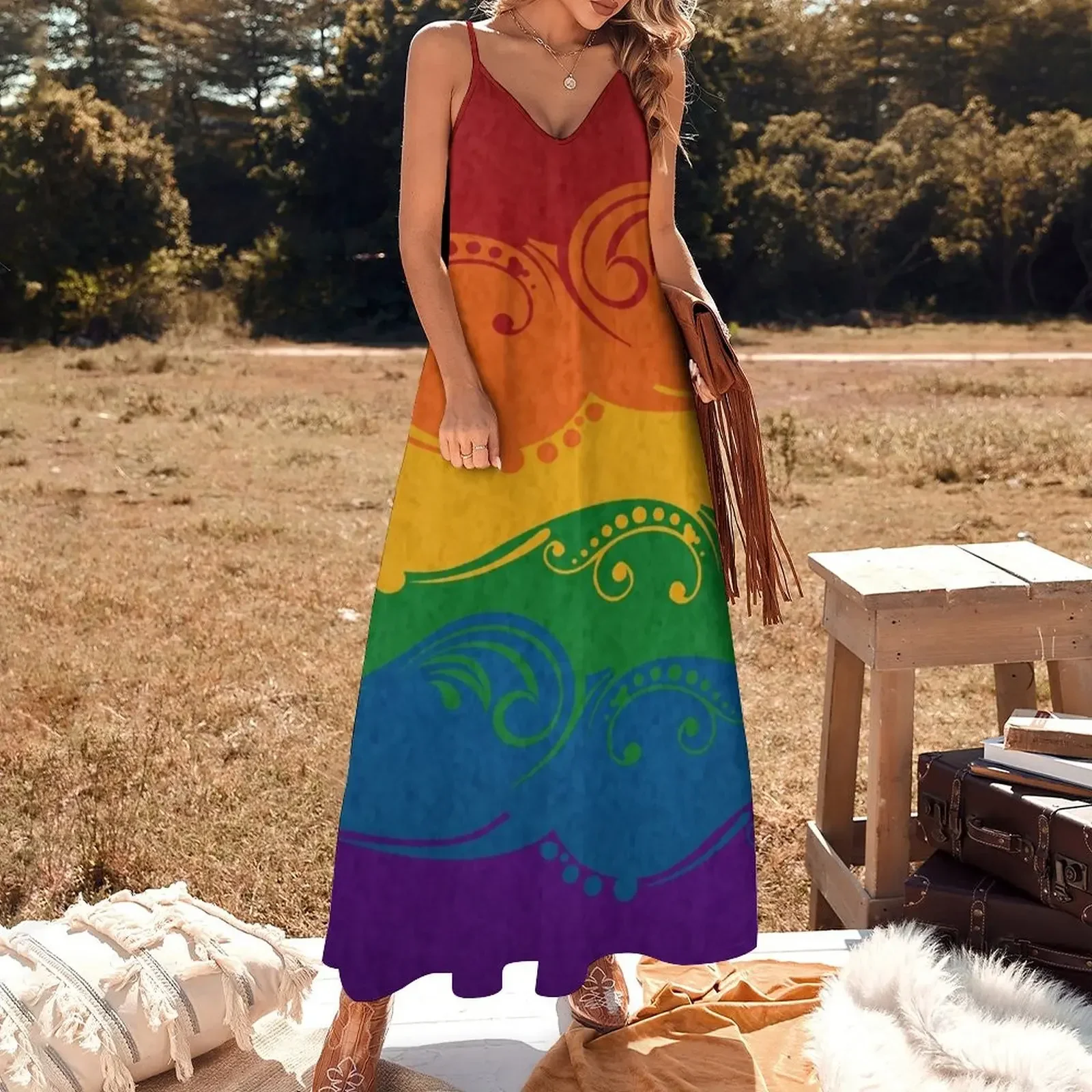 Fancy Swooped and Swirled LGBTQ Pride Rainbow Flag Background Sleeveless Dress womens dress party dresses women Dress