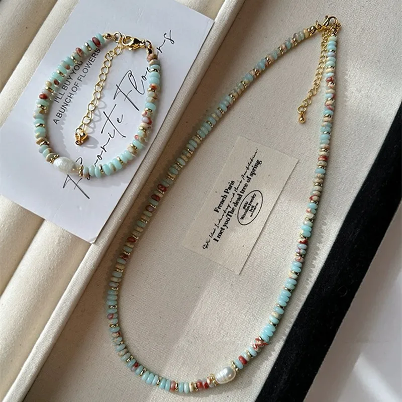 

Vintage Natural Freshwater Pearls Multi-color Shoushan Stones Beaded Strand Choker Necklace&Bracelet for Women Jewelry Set Gifts