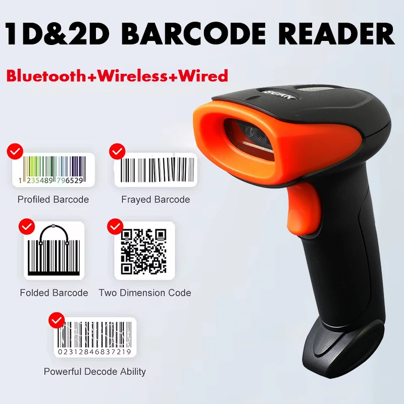 

Сканер штрих-кодов 1D 2D Беспроводной считыватель штрих-кодов Проводной сканер Bluetooth Считыватель штрих-кодов Портативный портативный считыватель QR-кодов с подставкой