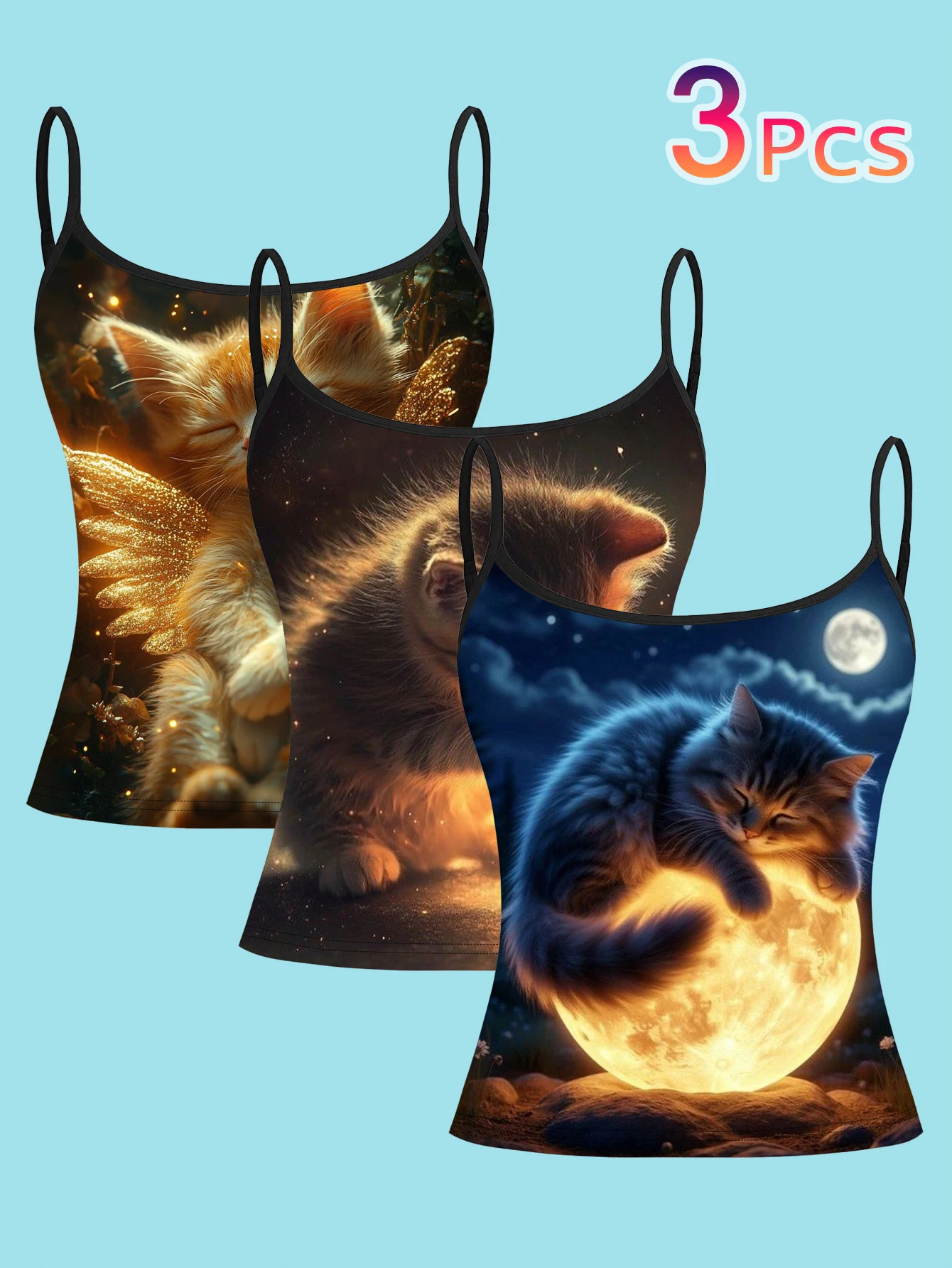 3-Piece Set of Cute Sleeping Kitten Moon Angel Print Spaghetti Strap Camisole for Women, Healing and Adorable Slim-Fit Base Layer Top