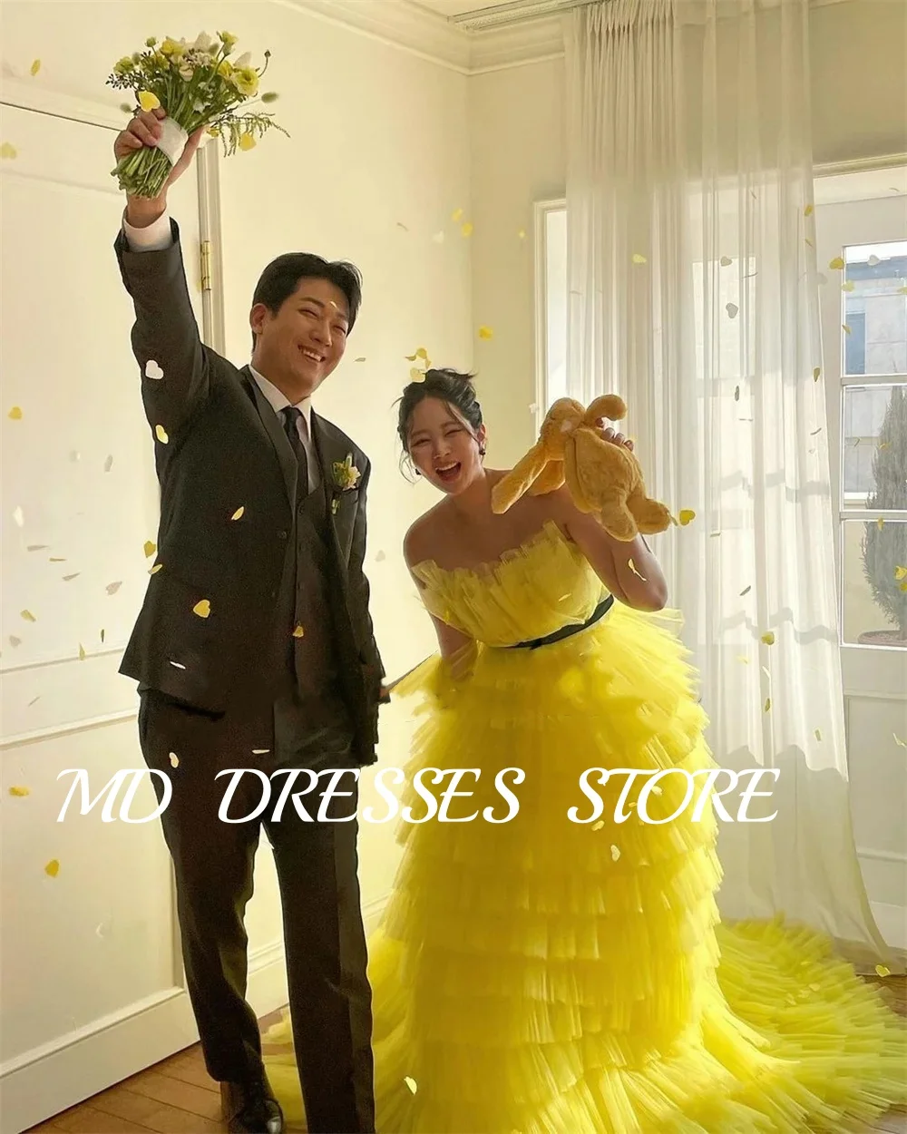 MD A-line Fairy Yellow Wedding Dresses Tulle Strapless Ruffles  Bride Gowns Korea Tiered Pleat Photo shoot Customized 2025 웨딩드레스