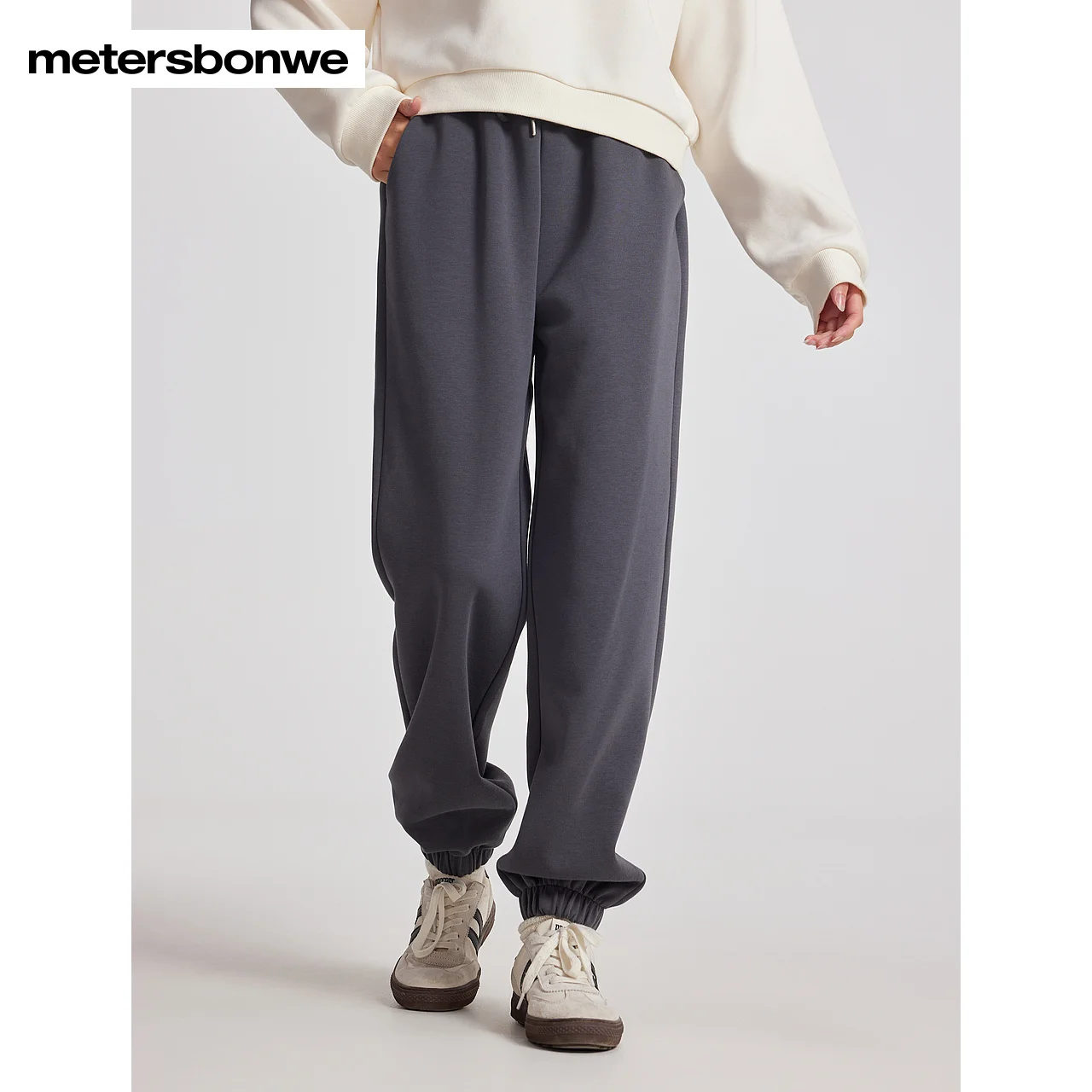 Metersbonwe-dames joggebreide broek gaat met alles elastische hoge taille effen kleur broek casual losse joggingbroek winter