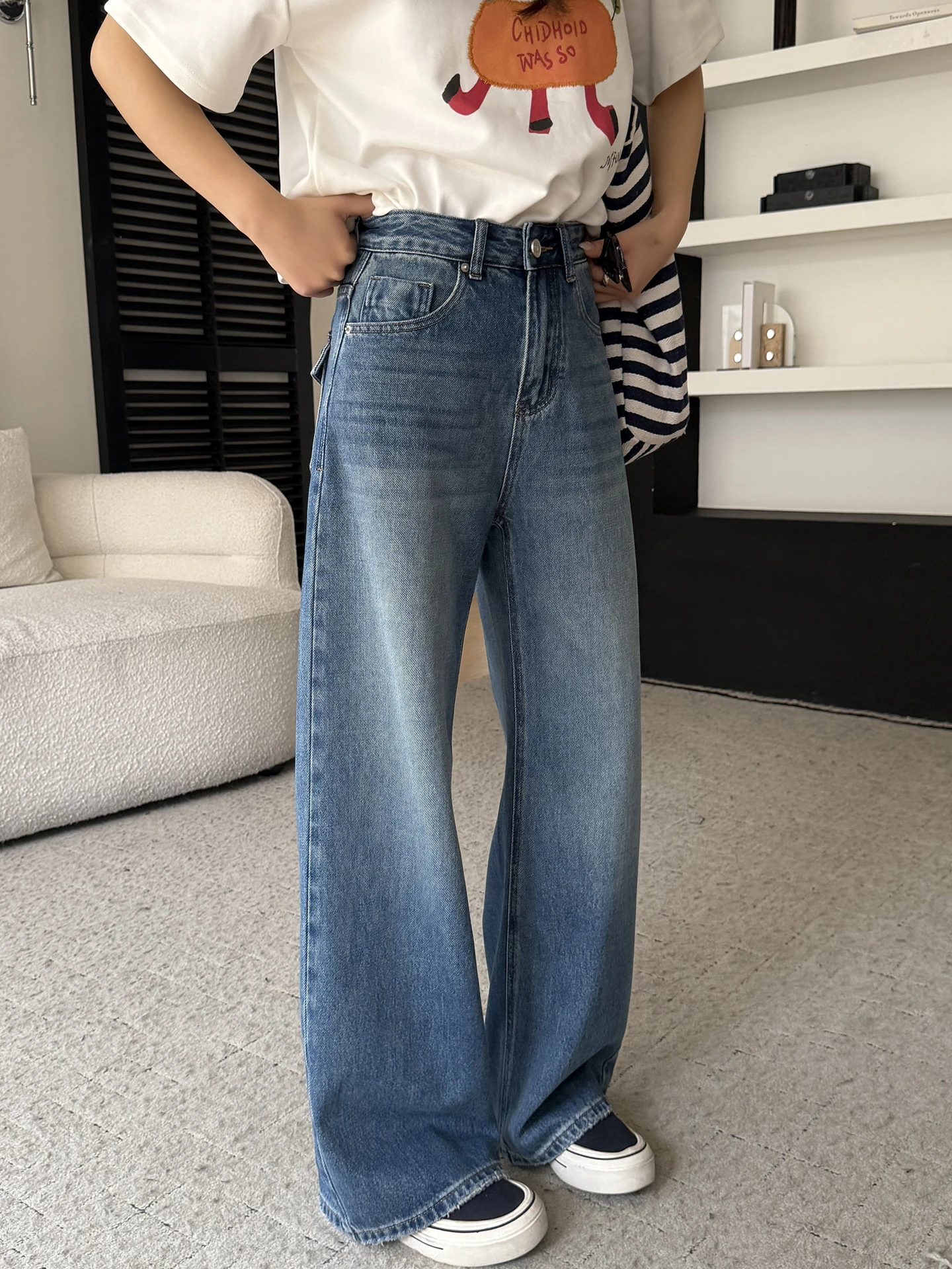 

Slimming Effect Wide Leg Denim Jeans Women's High Waist Loose Lazy Floor Length Pants Spring New Sle Blue Cotton Material