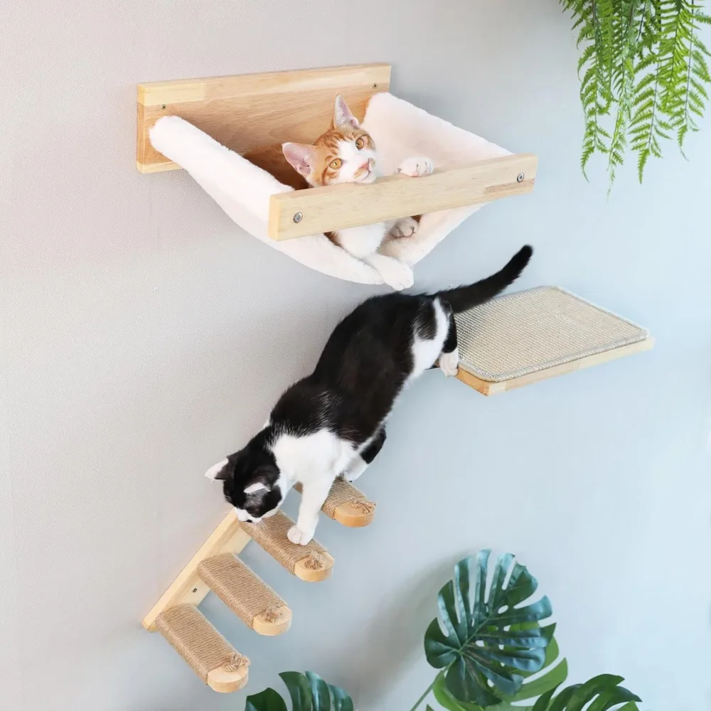 

FUKUMARU Cat Wall Furniture, 3 Pack Cats Walls Shelves Set, Solid Rubber Wood Kitten Shelf for Sleeping, Playing, Climbing and L