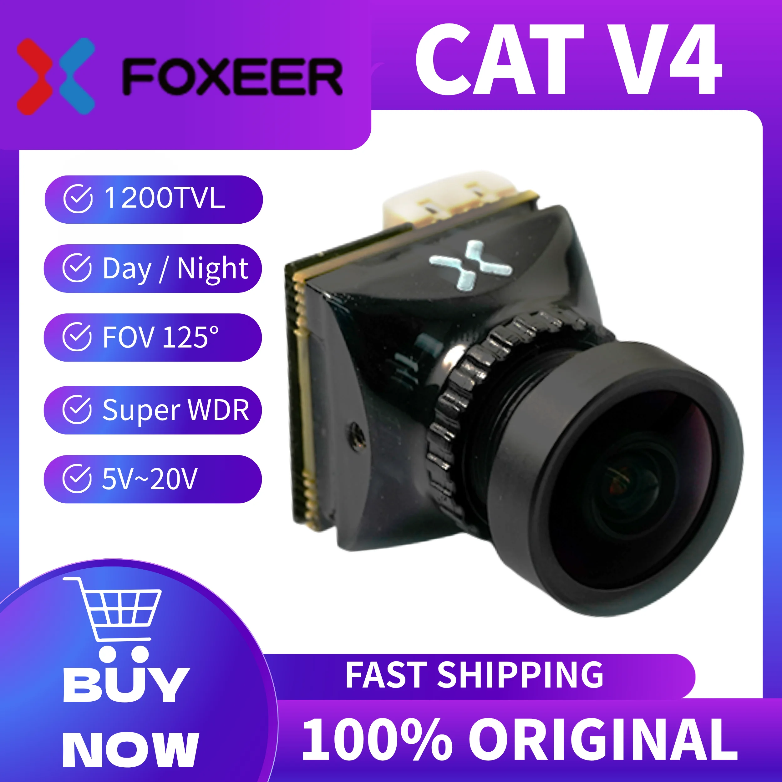 

Камера Foxeer Cat3 Mini/Micro Cat 3 Night Flight 1200TVL StarLight FPV с сенсором 1/3'' и светочувствительностью 0.0001 люкс, переключаемым форматом 16:9/4:3 для FPV