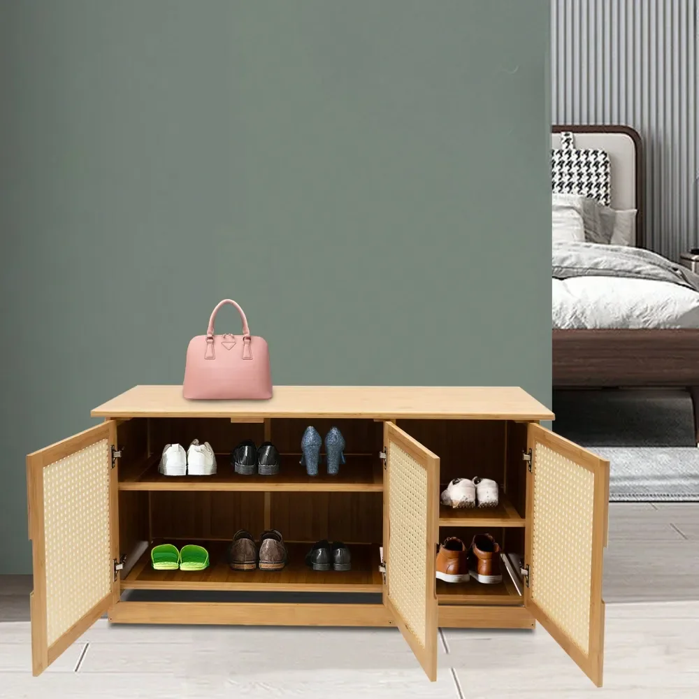 

Shoe Storage Bench, Entryway Shoe Bench With Plastic Rattan Doors, Shoe Rack Organizer Adjustable Shelves For Entryway, Bedroom