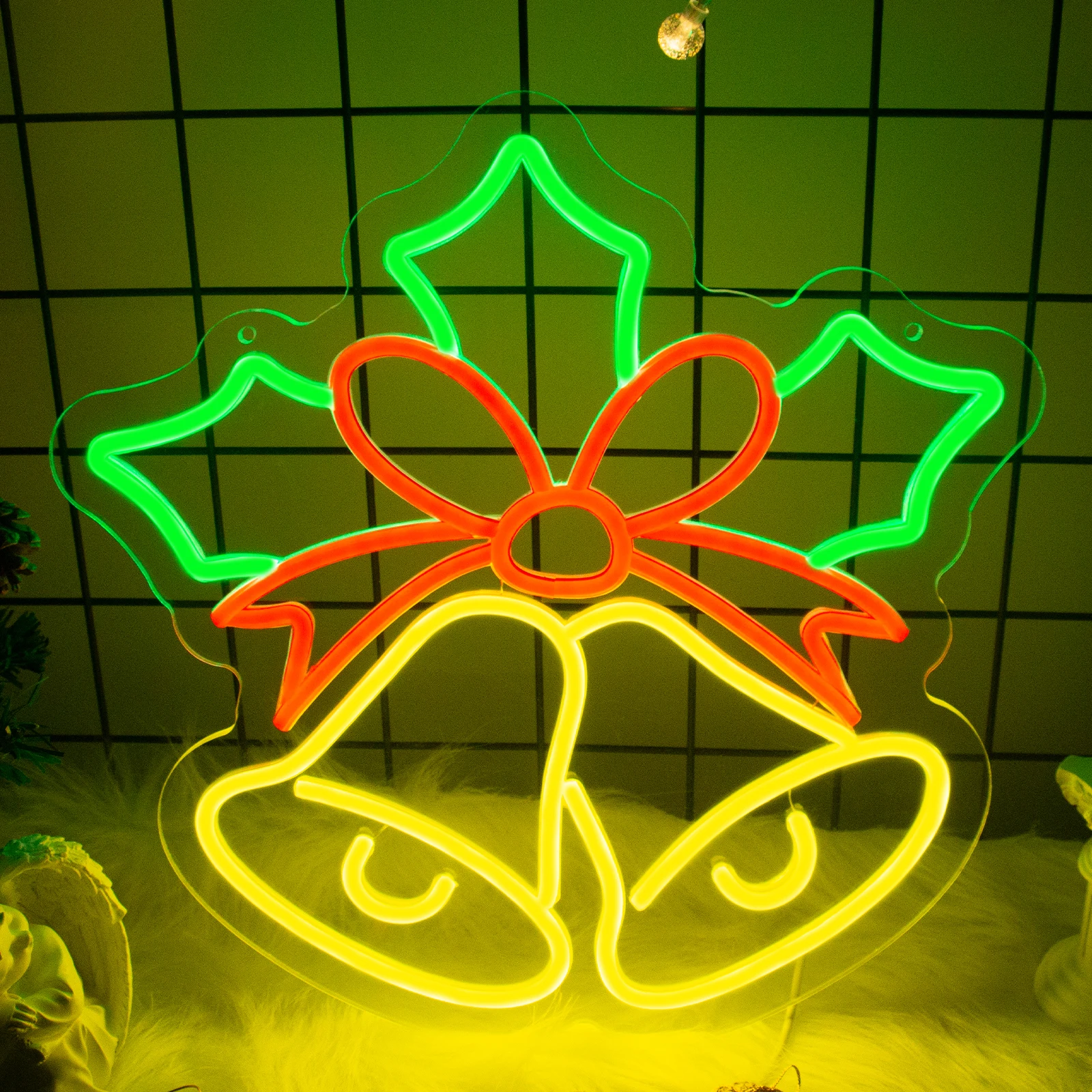 Insegna al neon con campana di Natale, insegna a led natalizia, decorazione con insegna luminosa per albero di Natale Jingle Bell, decorazione da parete per la casa, buon Natale