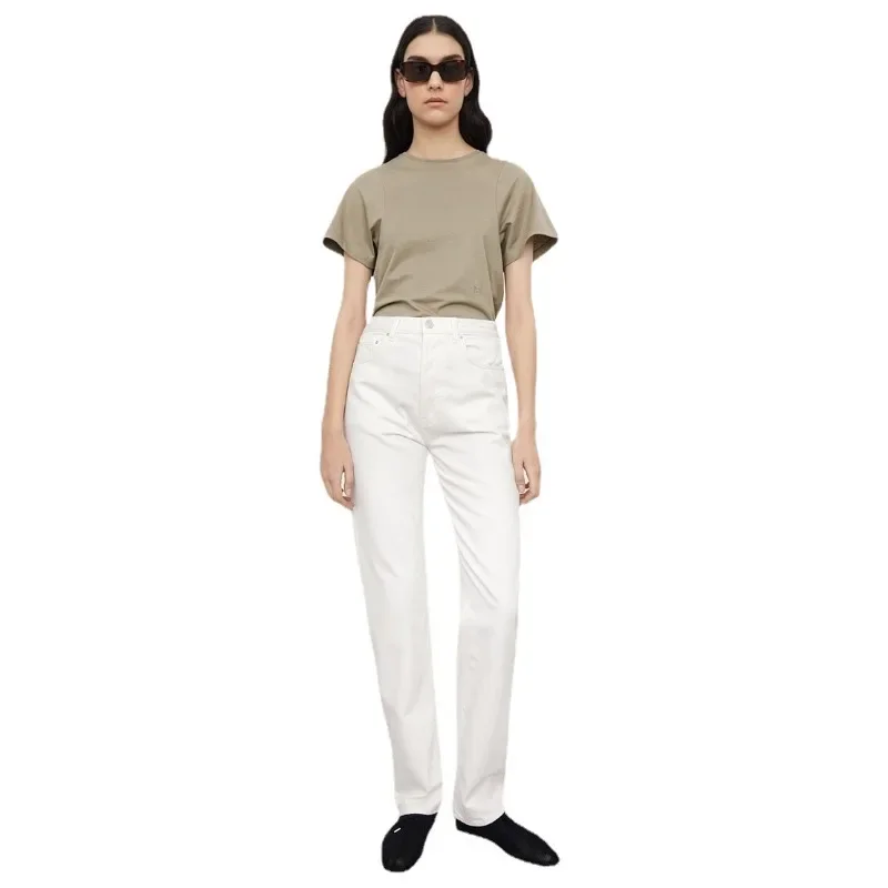 TT @ JEANS-Beige Loose Fitting and Simple High Waisted Straight Leg Pants, New Nordic Niche, 2024