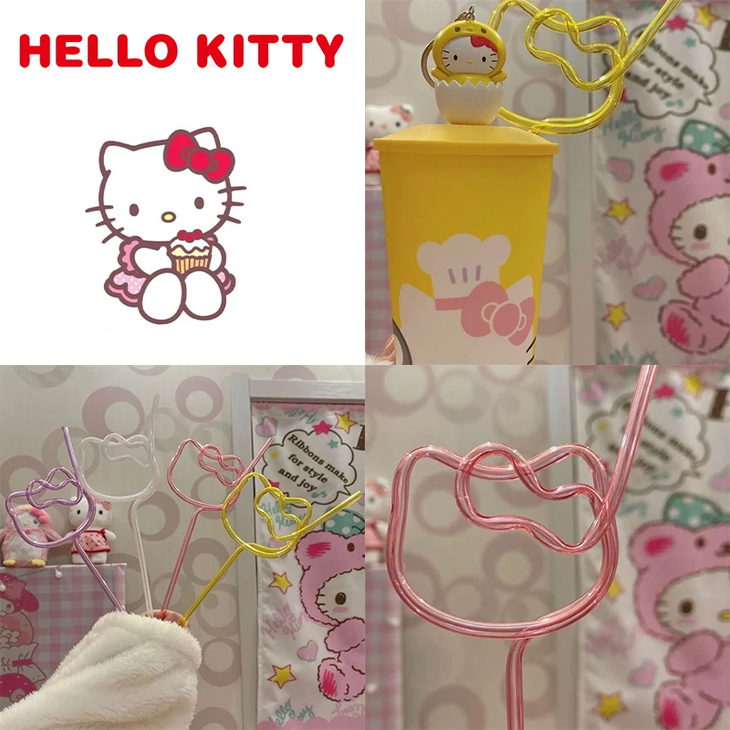 Sanrio Hello Kitty Glass Straws Cute Girls Eco Friendly Reusable Drinking Straw for Smoothies Cocktails Bar Accessories Straws