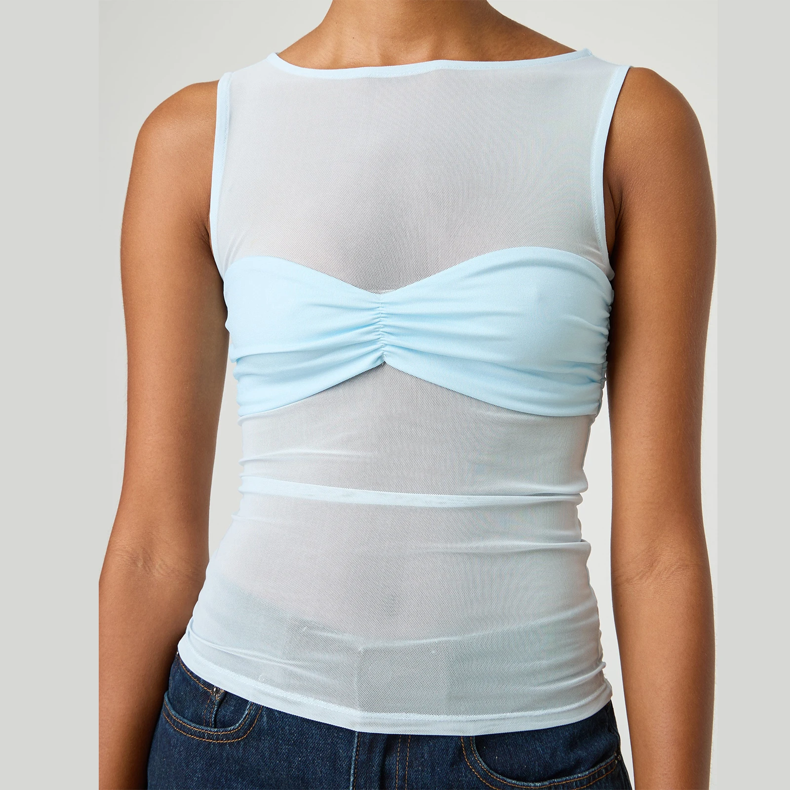 المرأة بقماش شفاف تانك القمم أكمام المحاصيل الأعلى موضة انظر من خلال شاش شفاف القمم الإناث سليم صالح Ruched سترة تيز #5