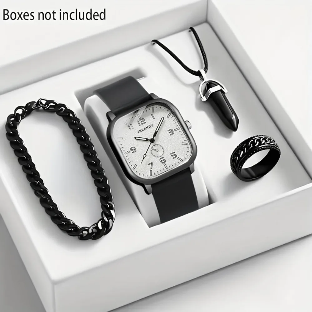 4PCS Fashion Square Men Quartz Watch Casual Silicone Band Sports Wristwatch Jewelry Set Reloj Hombre（Without Box）