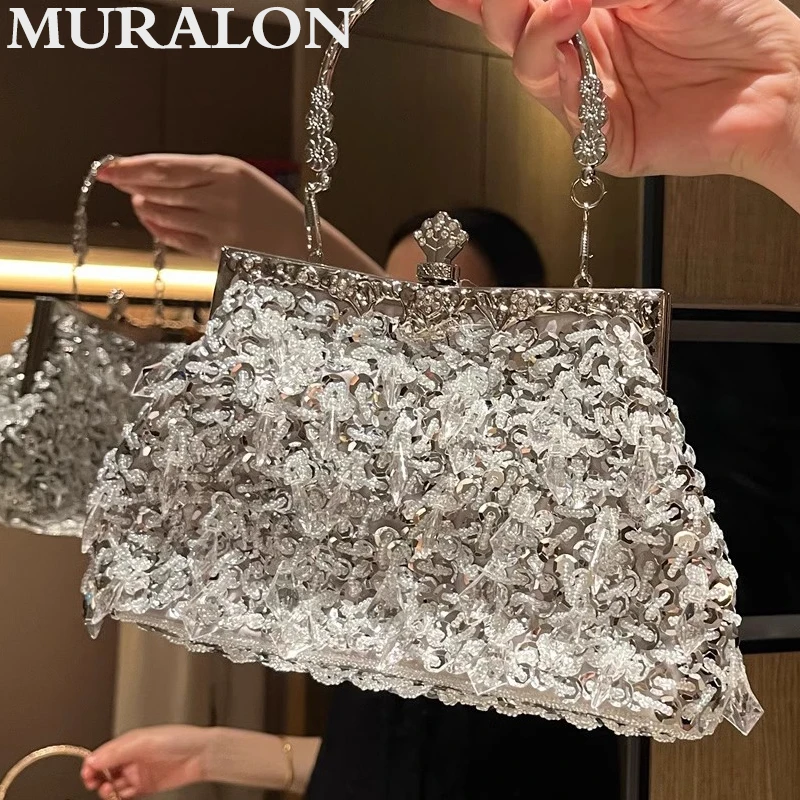 Metal Handheld Sequins Handbag vintage Diamond Handmade Bead Embroidery Bag Glitter Tassel Banquet Dinner Party Women's Bag