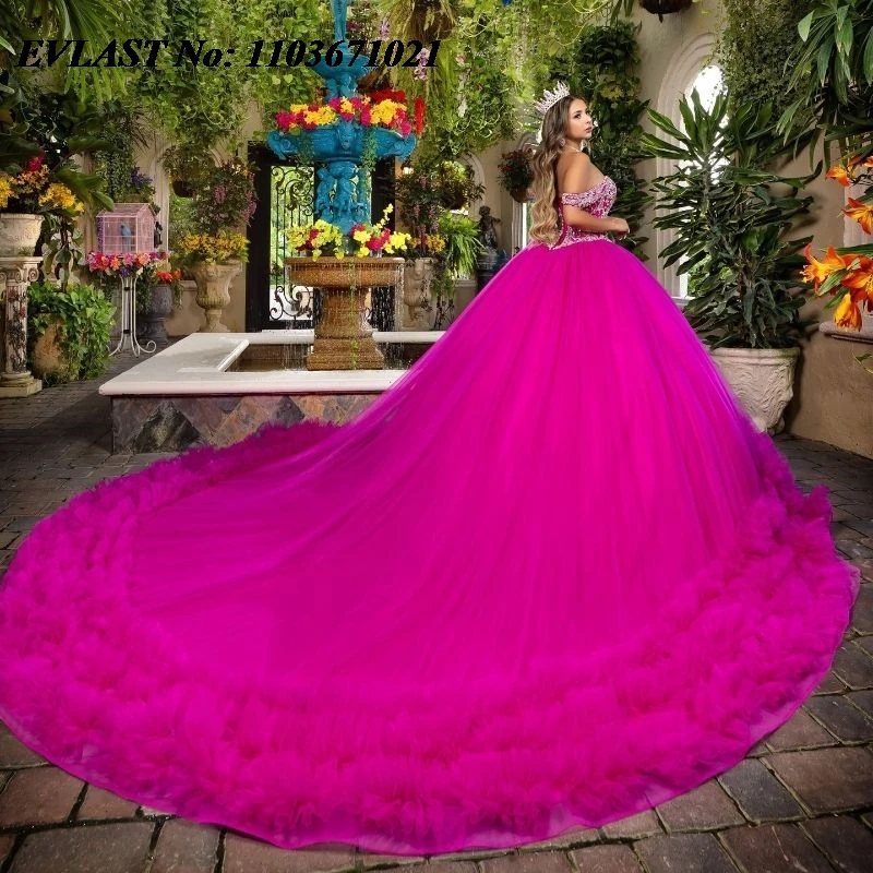 Evolt personalizado rosa vermelho vestido de baile quinceanera vestido applique frisado diamante babados doce 16 vestidos de xv 15 anos sq184