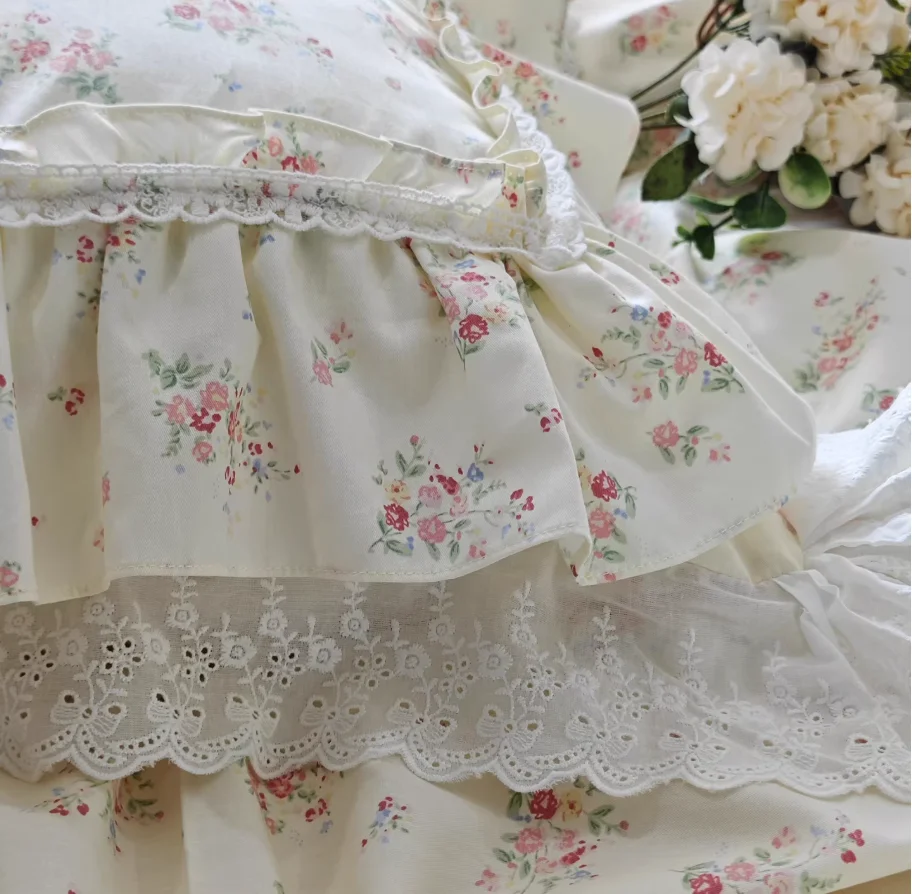 Elegant Ruffle Lace Decorative Pillowcase European Embroidery Bed Pillow Case Princess Rose Print Cushion Cover Sofa Cushions