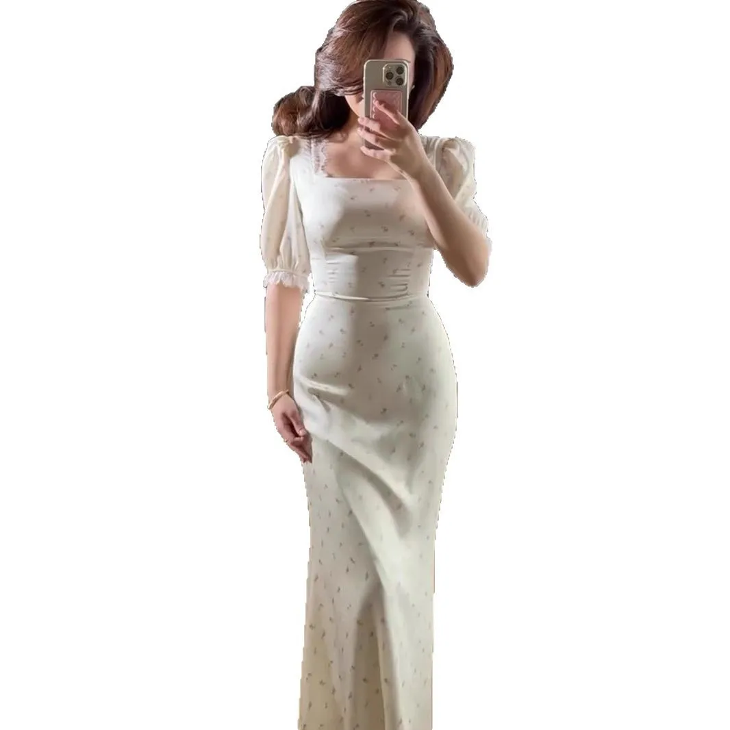 2026 primavera fino ajuste rendas cetim impresso suave estilo fada vestido de renda para mulher